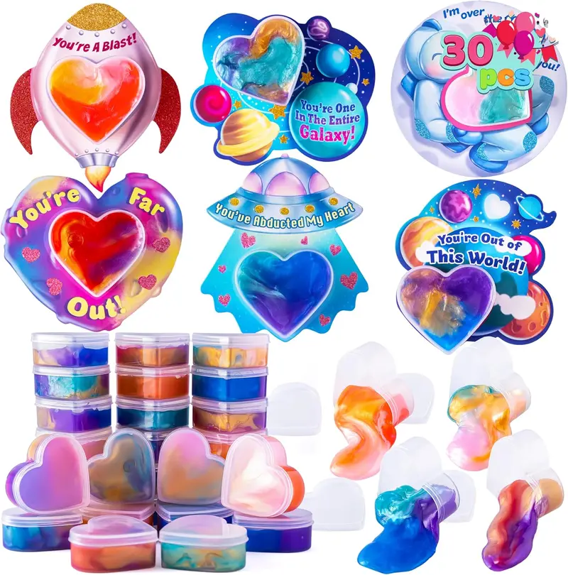 30 PCS Valentine Day Gift Cards with Galaxy Slime Stress Relief Fidget Toys for Kids Classroom Exchange Prizes, Valentines Party Favor