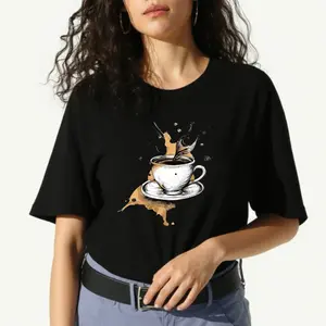 women's T-shirt Coffee Cup Splash Solid color printed short sleeved women's top White, black, khaki Fashion daily women's clothing
