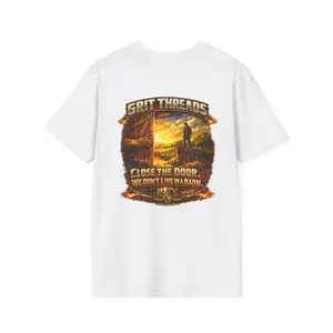 Grit Threads Retro Emblem T-Shirt | Badge Chest Print | Close the Door We Don't Live In A Barn