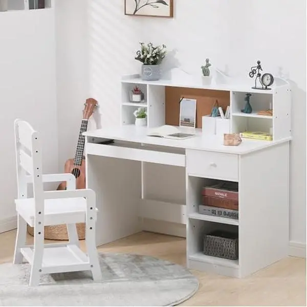GARVEE Study Desk and Chair Set, Learning Desk for Kids - Features Bulletin Board, Keyboard Drawer, Open Shelves and Storage Space- Perfect for Children Ages 3-8,White