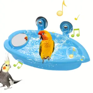 1pc Blue Plastic Bird Bath with Mirror & Perch - Durable Pet Cage Accessory for Parrots & Small Birds, Bird Supplies, Ideal Christmas Gift, Bird Bath Toys