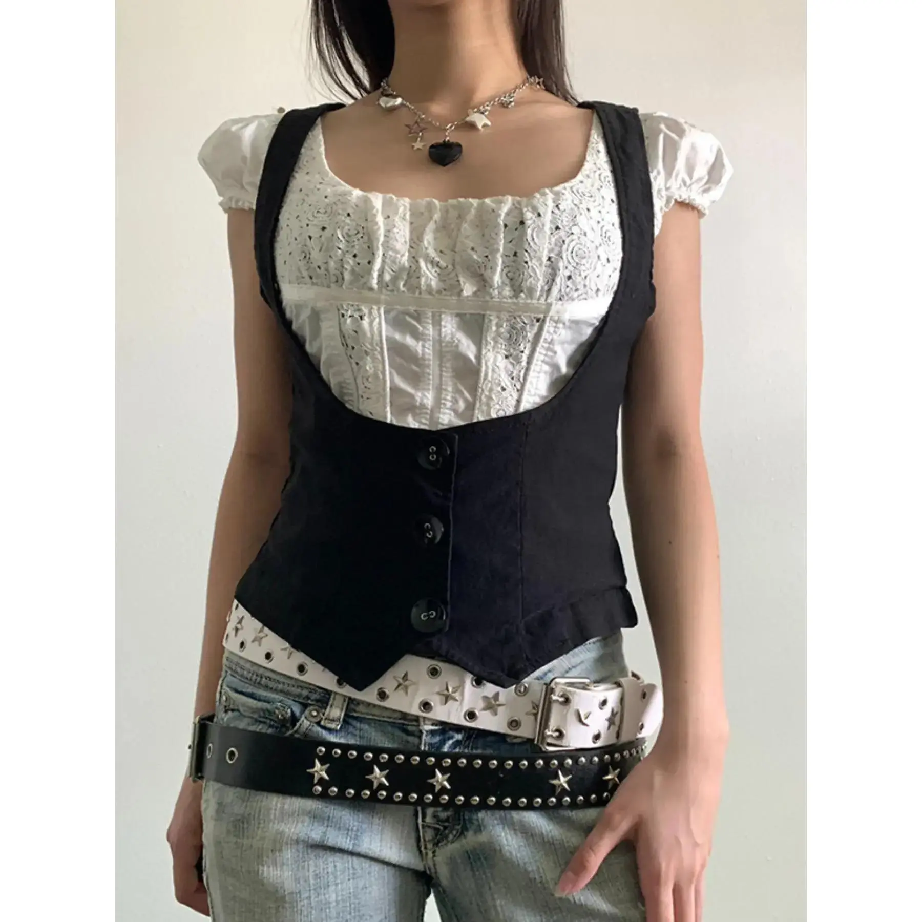 2026 Women's Vintage Button Front Crop Jersey Vest Top, Punk Retro Sleeveless Top for Daily Outdoor Wear, Femboy Sissy Goth Outfit, Chic Casual Women's Tops for Summer Spring Fall Y2k, Minimalist Chic, Style Essential