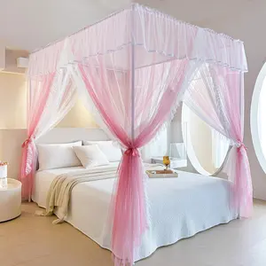 4 Corners Post Ruffle Bed - Layer Cozy Drape Netting with 4 Openings - Elegant Net for Girls and Adults Bedroom Decoration (Pink, King)