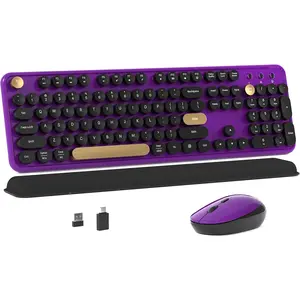 Colorful  Computer Keyboard and  Combo with Round Typewriter Keycaps, Retro Design, Power ,  Design, 2.4GHz  for Windows, , PC(Black-Purple)