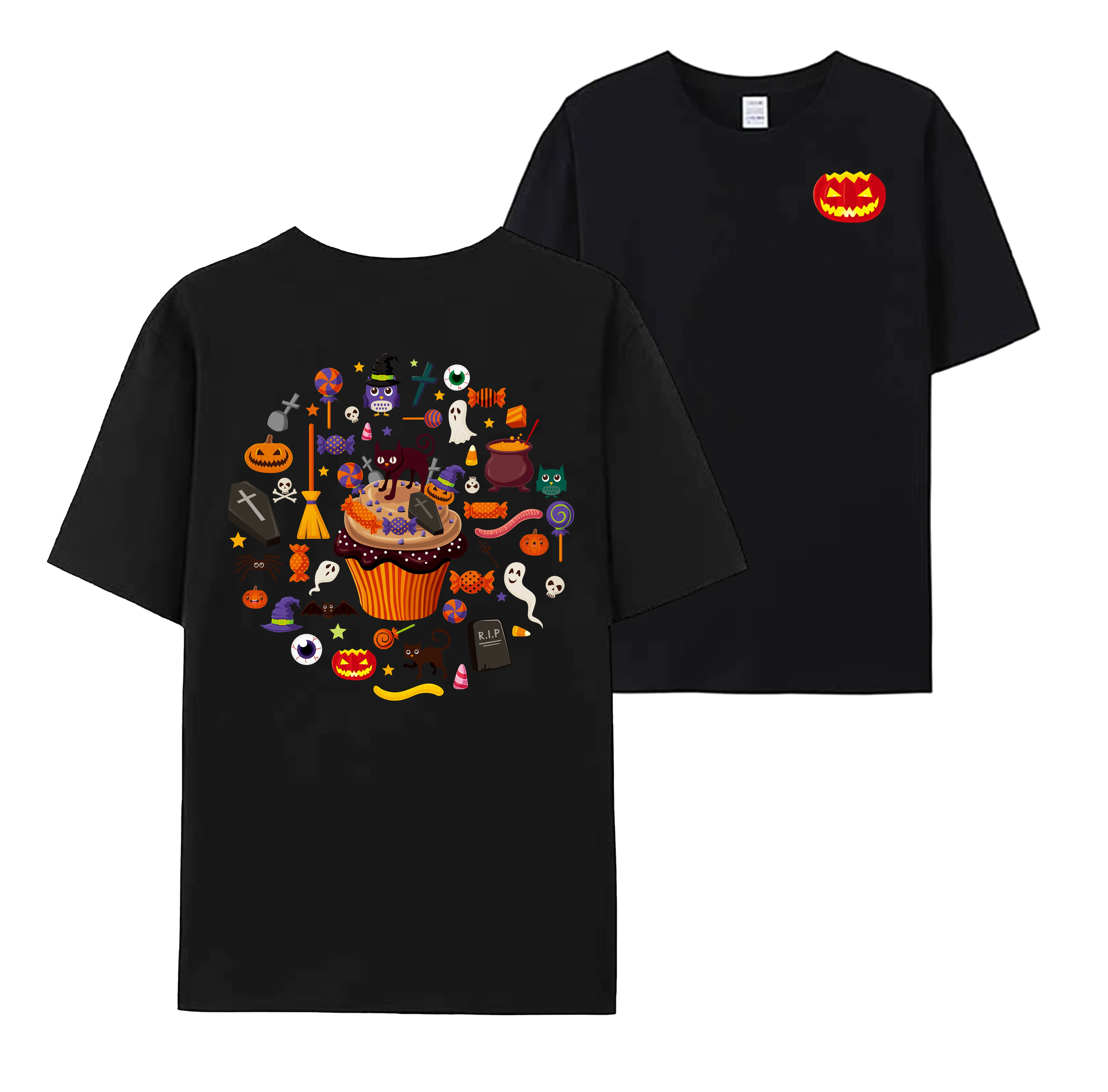 Halloween-themed Black Short-sleeve T-shirt, Creative Top with Jack-o'-lantern, Ghost, Skull, Witch Hat, Candy, and Cupcake Prints