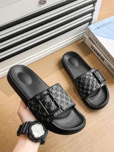 Summer Men's Luxury PU Leather Sandals, Casual Plaid Eva Sole Slippers, Indoor Outdoor Dirty Resistant Beach Shoes, Footwear, Sizes 39-47, Slide
