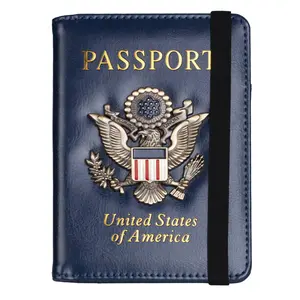 RFID Blocking Passport Holder for Women Men Leather Travel Wallet with Metal 3D Badge Dark Blue Multifunctional Design Secure Storage Compact Size High Quality Material