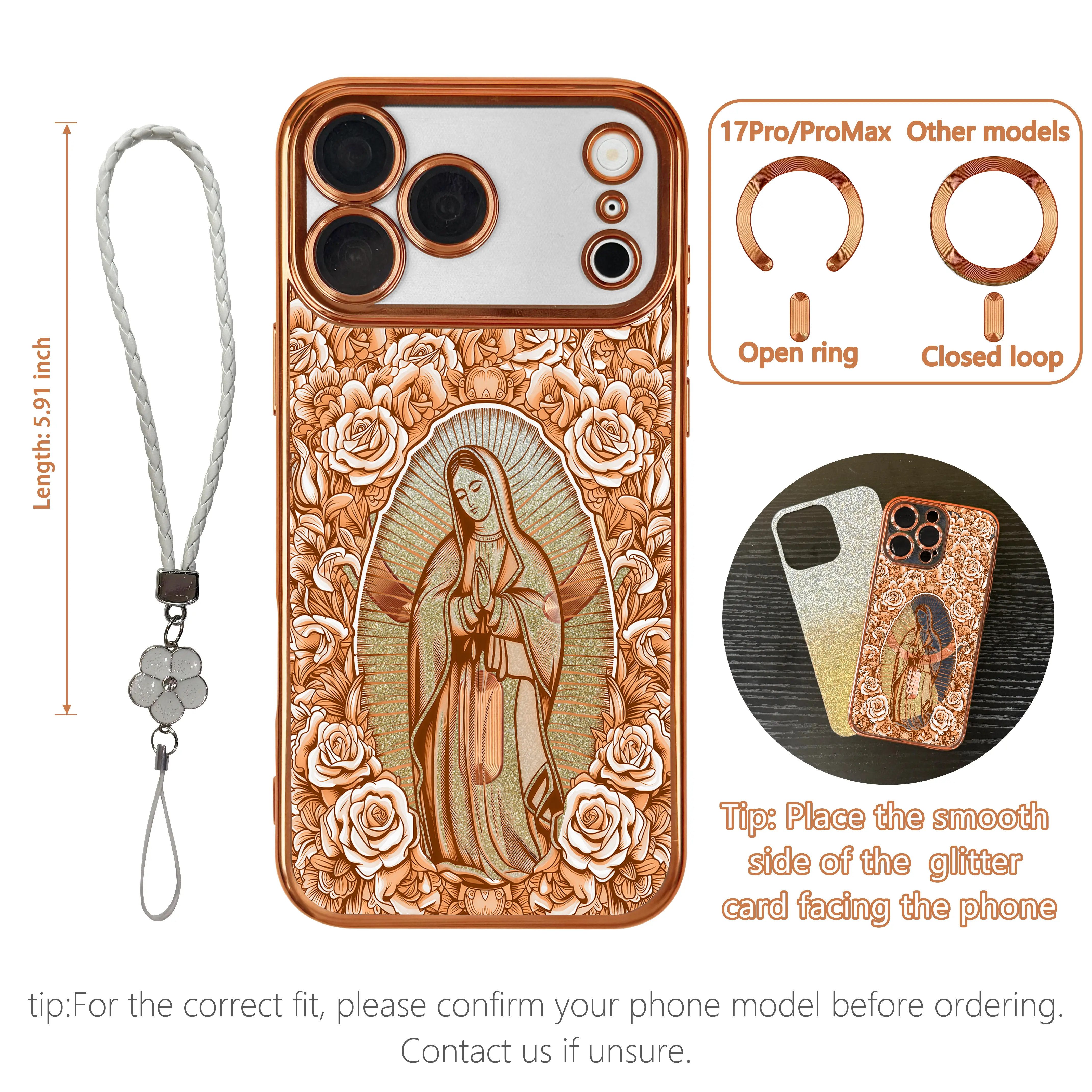 Virgen de Guadalupe Magnetic Phone Case for iPhone 17 Pro Max / 16 / 15 / 14 / 13 / 12, Shockproof Protective Cover with Lanyard, Catholic Faith Coquette Aesthetic Clover Strap Phone Case, Gift for Her.HY74C