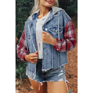 Plaid Sleeve Distressed Denim Jacket with Hoodie