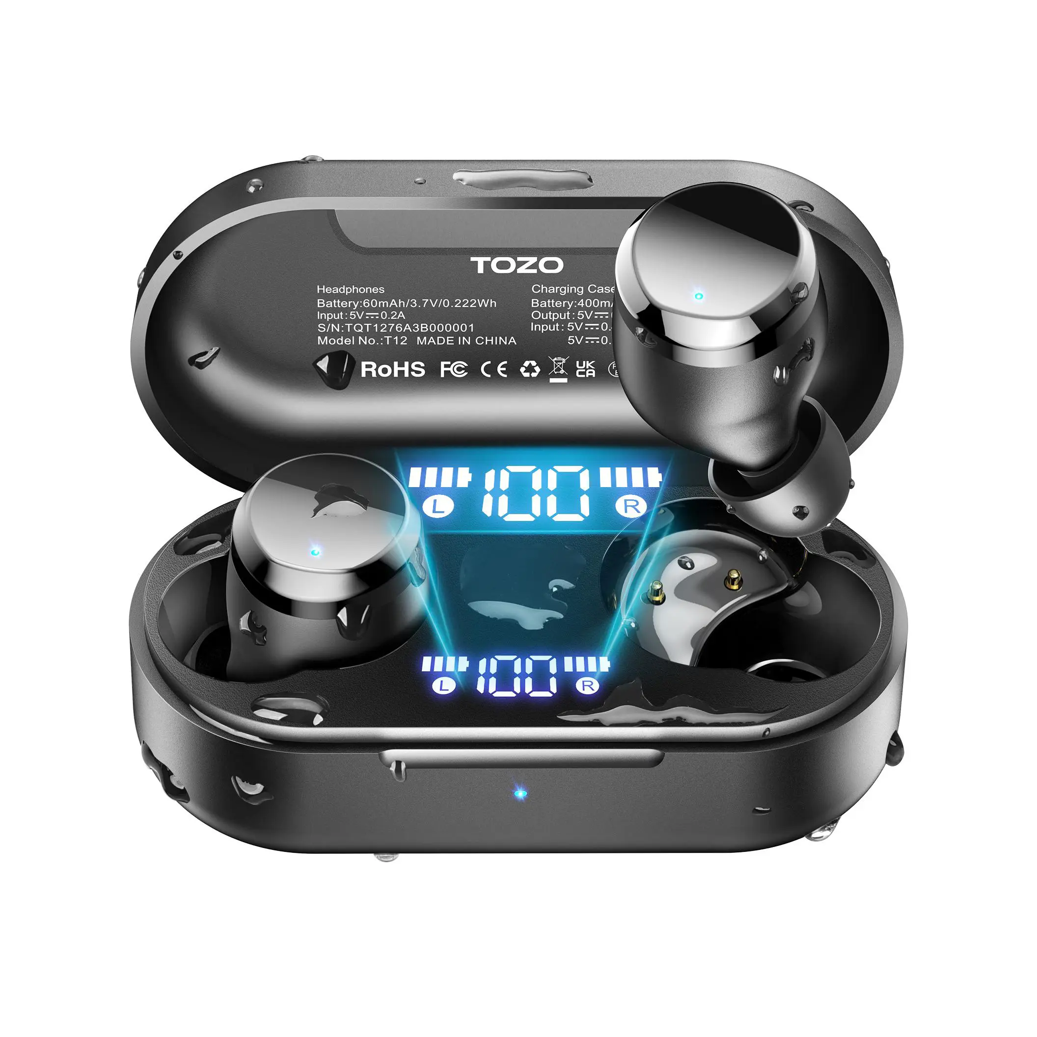 TOZO Tonal Dots T12 Wireless Earbuds Bluetooth 5.3 Headphones with Built-in ENC Noise Cancelling Mic 55-Hour Battery IPX8 Water Resistance LED Display MothersDayGift - Black