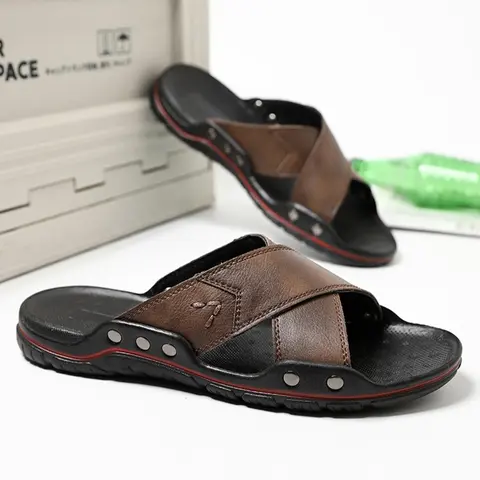 Men's Minimalist Fashionable Criss Cross Design Slippers, Casual Comfortable Breathable Flat Sandals for Summer, Non-slip Slippers for Beach Vacation, Leather Slides, Summer Footwear Shoe