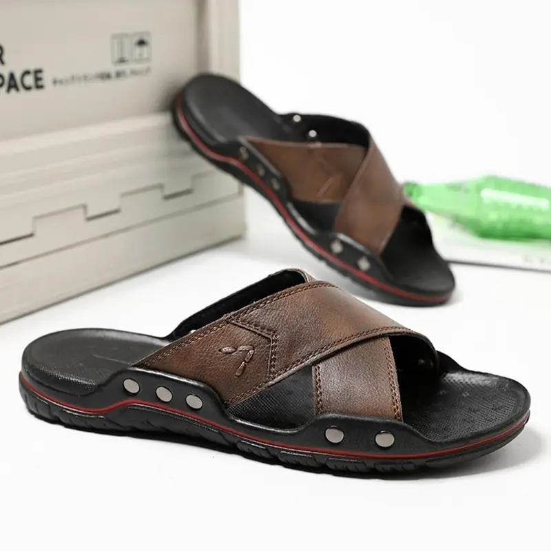 Men's Minimalist Fashionable Criss Cross Design Slippers, Casual Comfortable Breathable Flat Sandals for Summer, Non-slip Slippers for Beach Vacation, Leather Slides, Summer Footwear Shoe