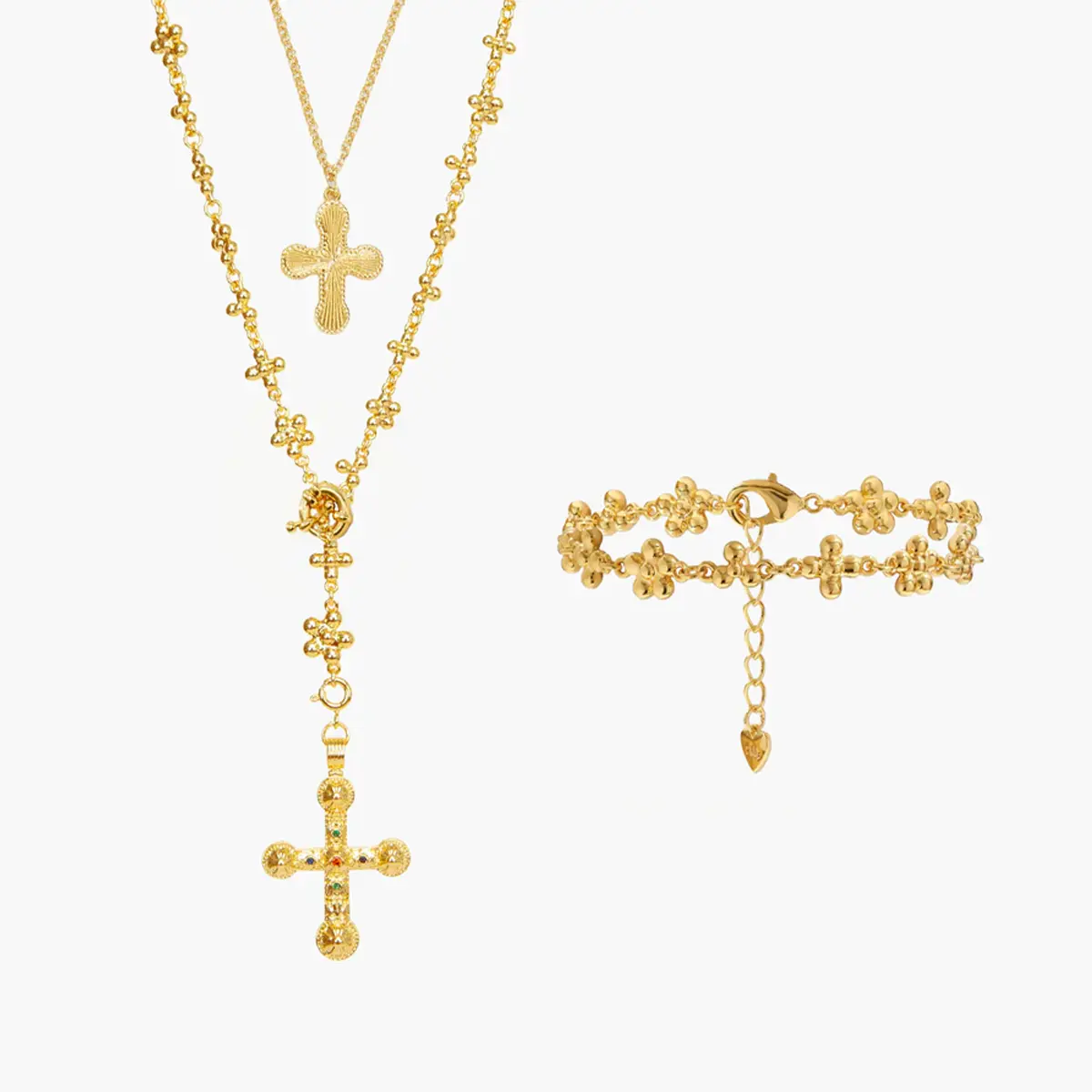en route 18K Gold Plated Streetmuse Set in Gold, Mix of Daisy, Cross & Lariat Motifs for Effortless Layering, 3-Piece Street-Chic Jewelry Set That Elevates Everyday Outfits with a Modern, Stackable Glow