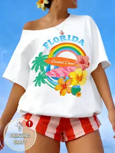 Women's Asymmetrical Neck Rainbow Coconut Tree Camellia Flower Print Sexy Shoulderless Summer Casual T-Shirt