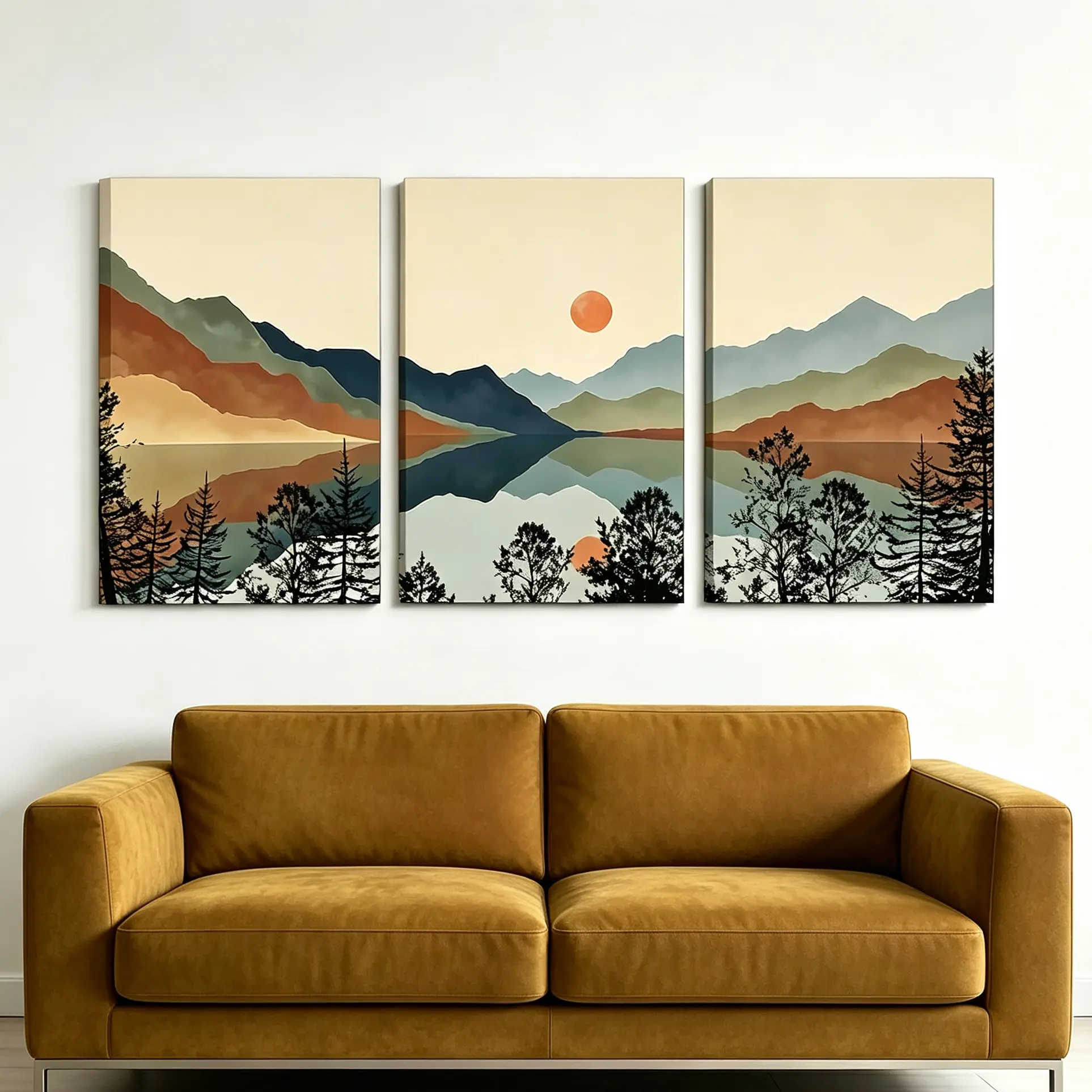 3 Pieces Boho Watercolor Mountain Canvas Wall Art, Abstract Sun Forest Nature Landscape Framed Prints, Neutral Minimalist Scenery Wall Decor Posters for Living Room Bedroom Home Decoration