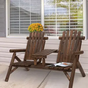 Outsunny 2-Seat Wooden Adirondack Chair, Patio Bench with Table, Outdoor Loveseat Fire Pit Chair for Porch, Backyard, Deck