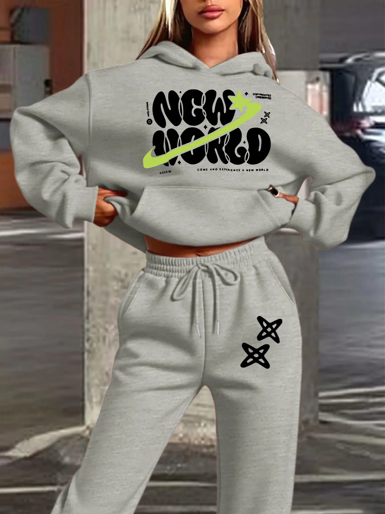 Women's Hooded Sweatshirt Set, Fall & Winter Fitted Casual, Letter Planet Star Print, Trendy Future Style, Daily Wear