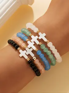 Women's Daily Wear Jewelry Set, Copper & Glass Beads, Colorful Shell Charms, Perfect Gift for Her, Stylish Accessory, Beaded Bracelets, Trendy Stack Bangle