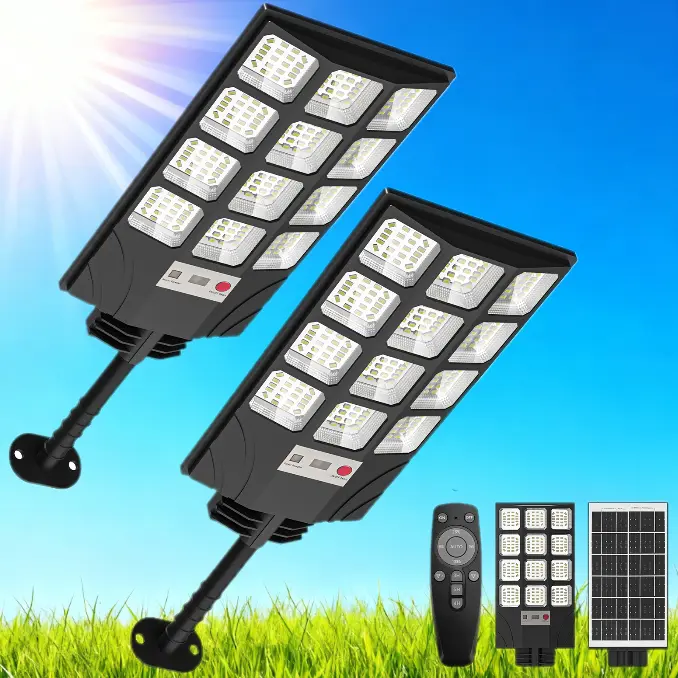 cvcpbu Solar Street Light 2PCS Outdoor IP65 Waterproof Commercial Lighting with Motion Sensor & Remote Control 360 SMD LEDs Adjustable Angle Eco-Friendly Dusk to Dawn
