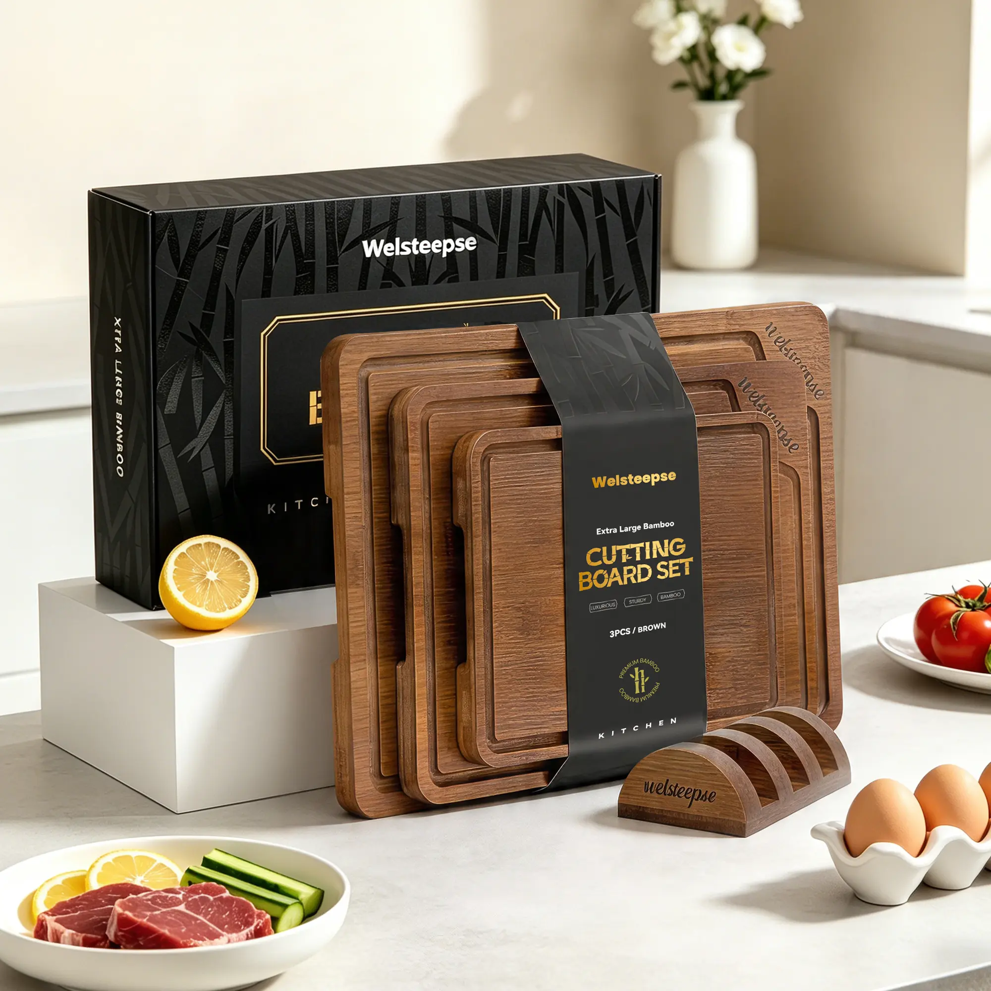 WELSTEEPSE 3-Piece Antibacterial Wood Chopping Board Set - Kitchenware, 0.8" Thick Stability, Oversized Blocks, Storage Stand, Deep Grooves, Non-Slip Rubber Feet, Large Handle Chopping Boards, Premium Gift Box (11"-18")