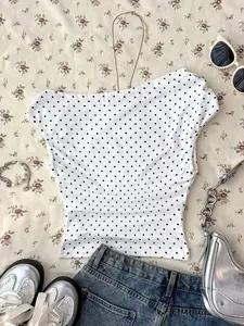 Women's Vintage Polka Dot Asymmetrical One-Shoulder Short-Sleeve Top, Ruched Slim Fit T-Shirt for All-Season Wear Chic Elegance