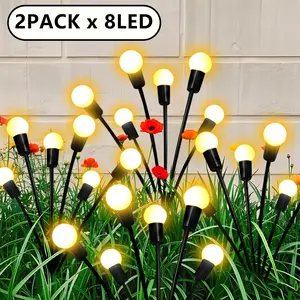 2-pack solar firefly smart lights, 20 LEDs total, intelligent light sensor, solar powered, IP65 waterproof rating, provides over 10 hours of illumination, flickering garden lights that add fun to your yard, parties, lawns, Christmas, and pathways.