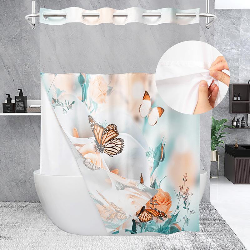 Snap Button Hookless Digital Print Waterproof Shower Curtain with Embedded Fabric Liner Set Lin Shower Curtain Partition