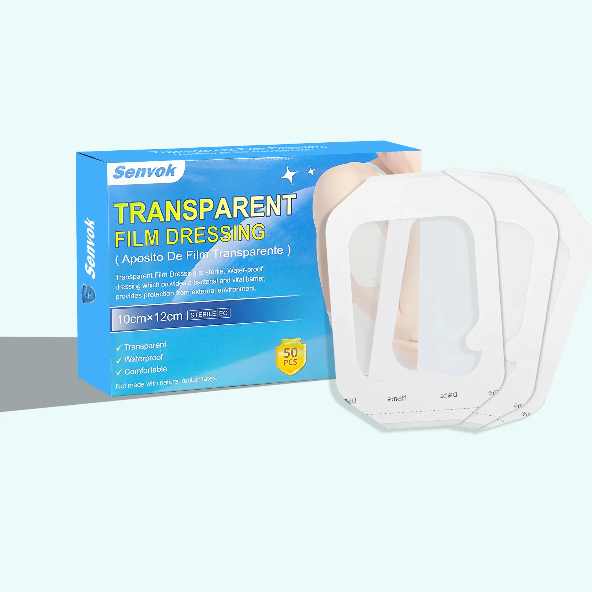 Transparent Film Dressing, 10cm x 20cm (50-Pack), Waterproof Barrier for Post-Surgical Wounds, IV Sites, and Catheter Protection