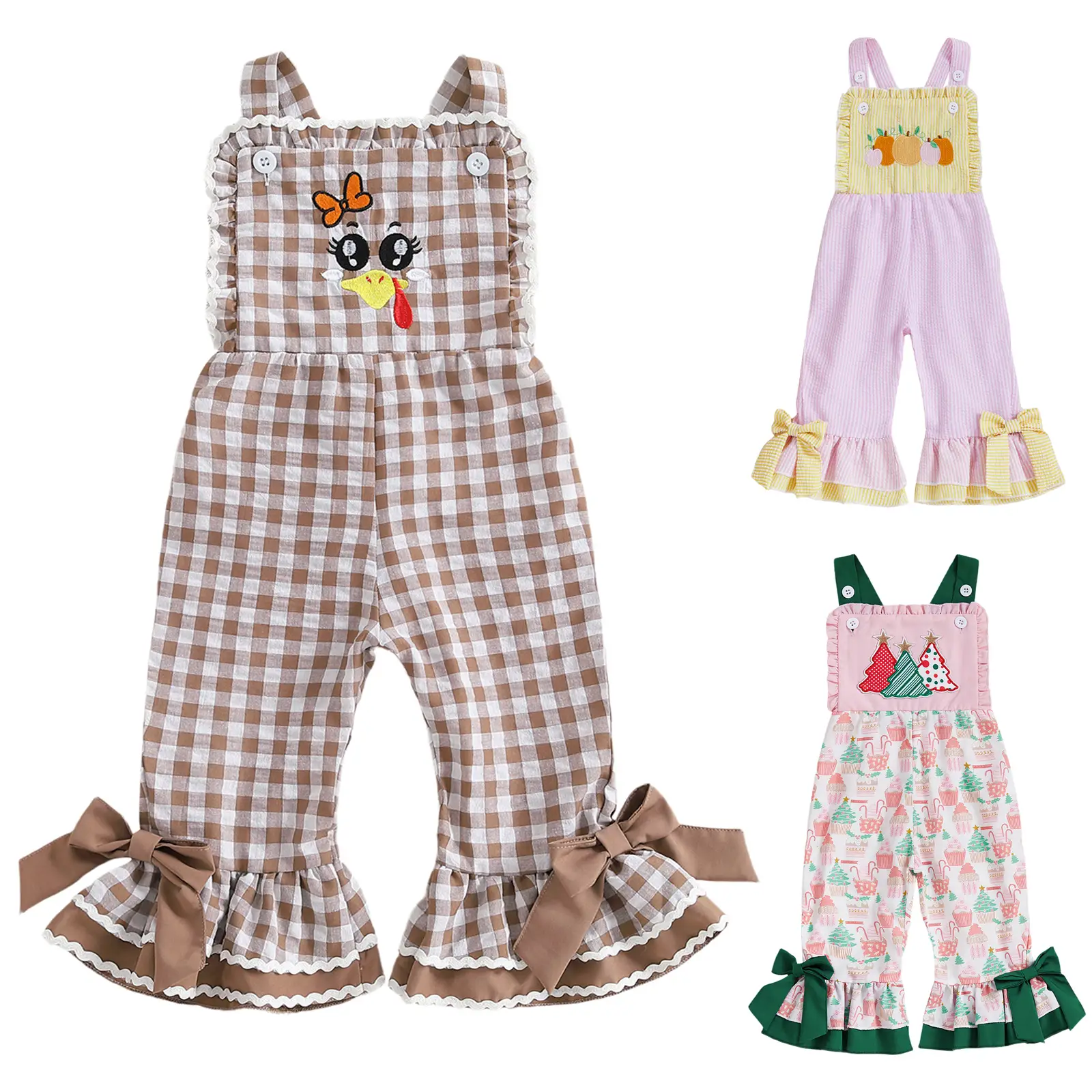 Toddler Baby Girl Thanksgiving Halloween Christmas Outfit Sleeveless Turkey Pumpkin Suspender Overalls Pants Gingham Flared Bell Bottoms Romper Jumpsu