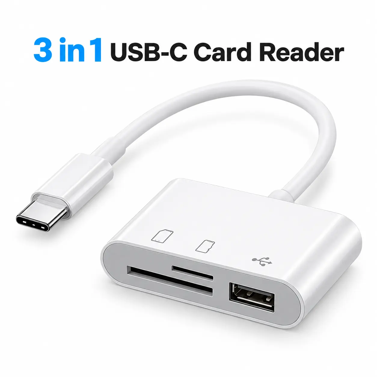 3-in-1 USB-C Card Reader Adapter, equipped with SD, Micro SD TF slots and USB port. Lightweight portable hub for reading memory cards and connecting USB flash drives for file transfer.