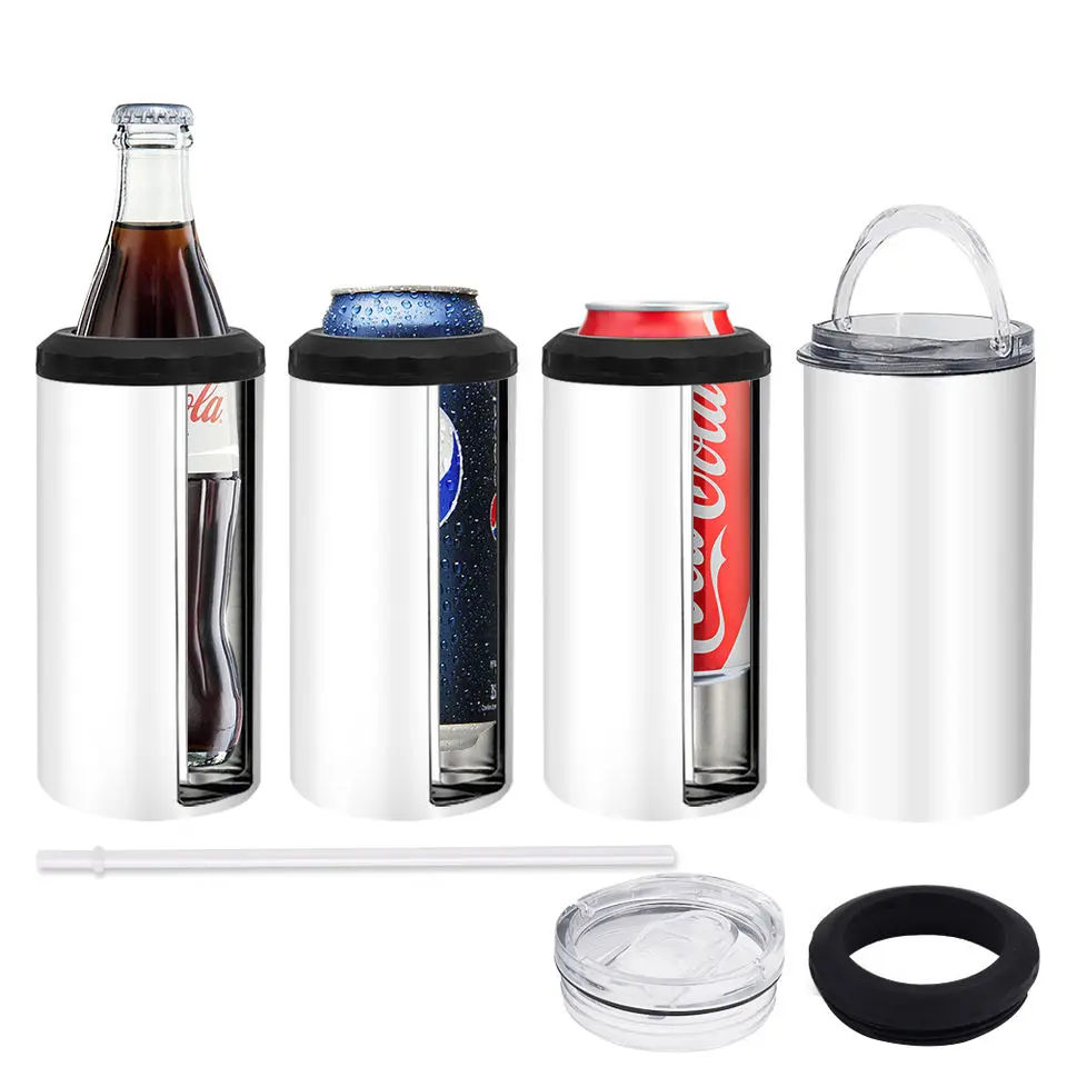 USA 25pcs 16oz 4 in 1 Can Cooler Tumbler with lid and straw Sublimation Blank Straight Tumblers Bulk Stainless Steel Insulated Cooler for Regular Slim Cans