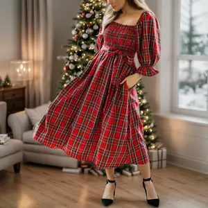 Asvivid Women's Tartan Plaid Christmas Dresses Casual Elegant Square Neck Puff Sleeve Knot Waist Flared Midi Dress for Holiday Occasion