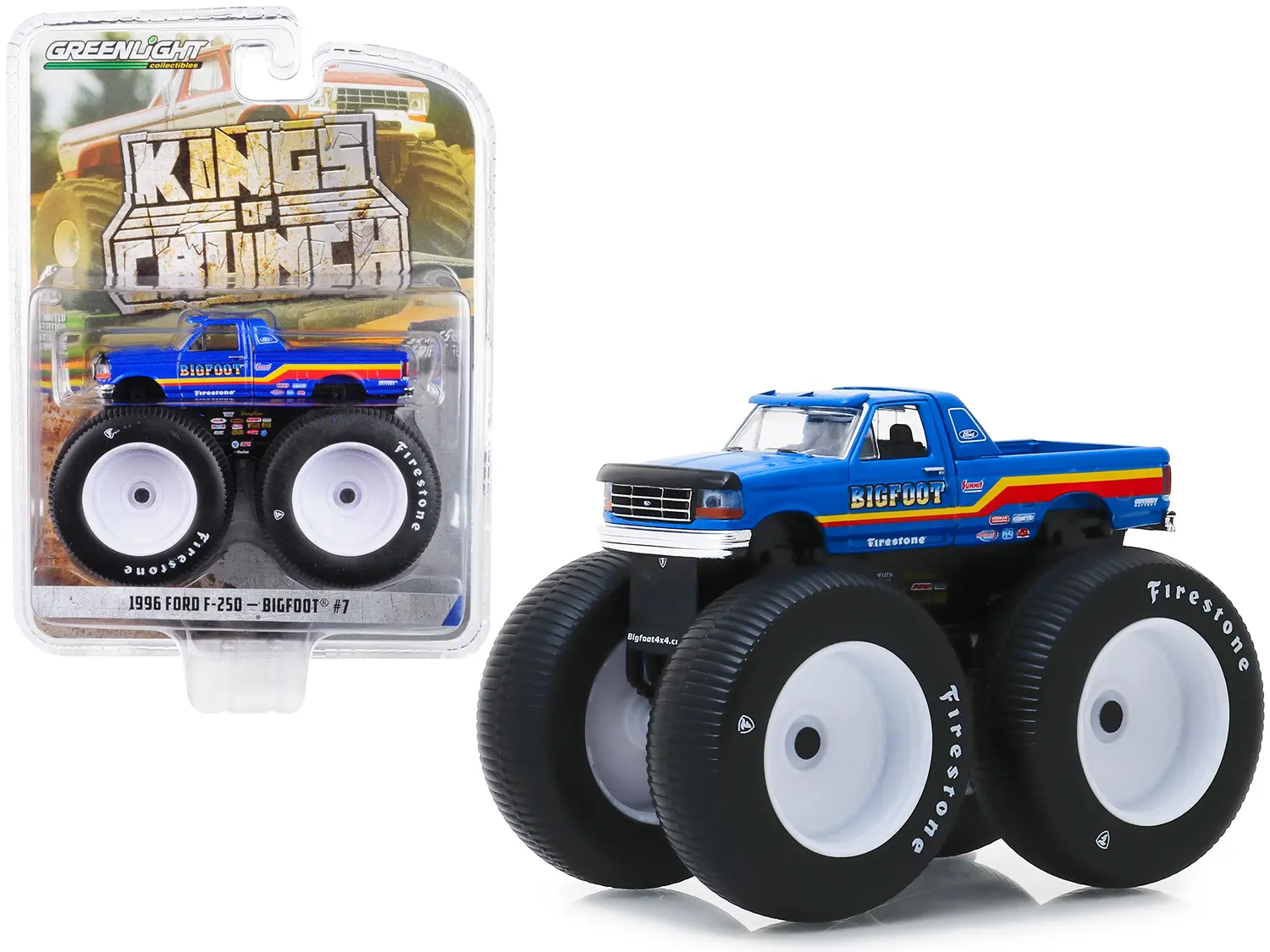1996 Ford F-250 Monster Truck "Bigfoot #7" Metallic Blue w/ Stripes 1/64 Diecast Model Car by Greenlight