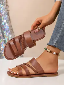 Solid color summer woven flat bottomed sandals for women, with a non slip soft sole, lightweight and comfortable, simple and versatile, suitable for daily wear with straight slippers and open toed beach sandals, PU Leather Slides