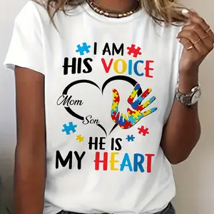 Autism Awareness Mom & Puzzle Piece T-Shirt - Women's Lightweight Casual Short Sleeve Top with Mom & Autism Design, Spring Summer Autism Mom Apparel for Groups & Casual Attire White CLL T-shirts-6919