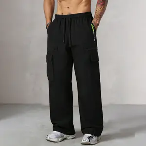 Men's Quick Dry Cargo Sweatpants with Multi Zipper Pockets, Elastic Waist Drawstring Wide Leg Athletic Pants, Breathable Lightweight Workout Trousers for Gym Running Training Daily Streetwear
