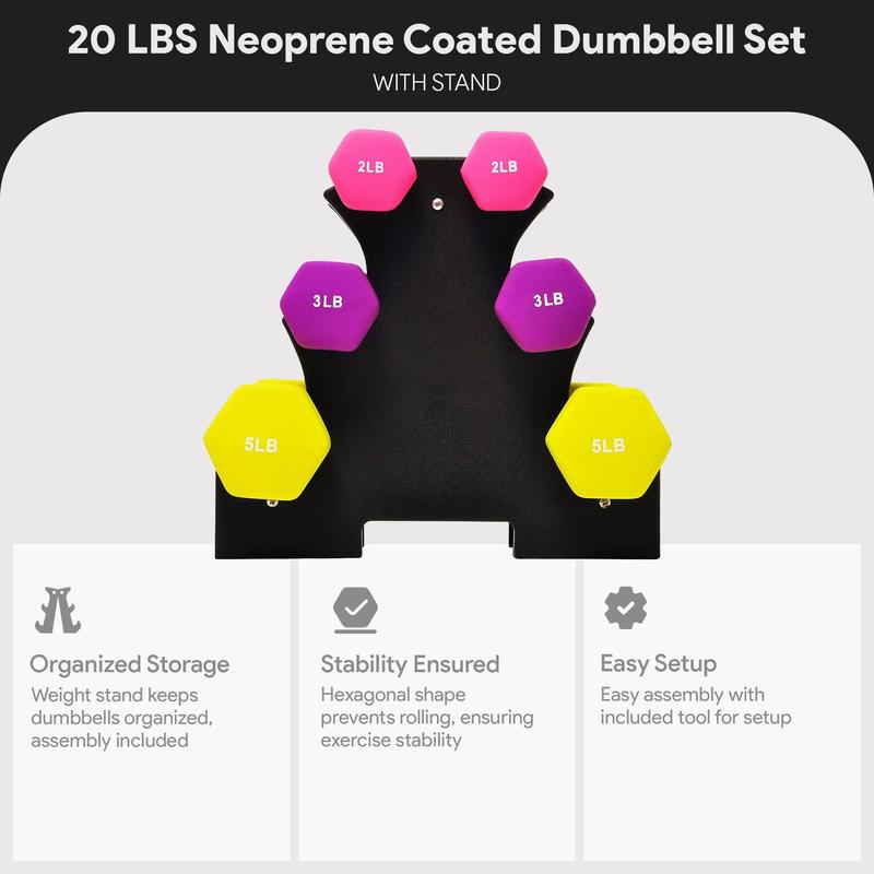 BalanceFrom Neoprene Dumbbell Set with Rack, Nonslip Coated Weights for Women and Men, Strength Training, Multiple Sizes and Colors