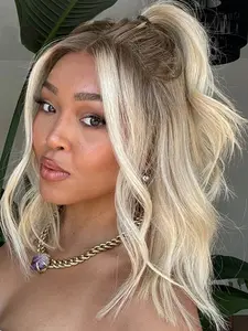 16 Inch Natural Curl Blonde Highlights Short Lace Front Wig, Synthetic Fiber Hairpiece for Women, Daily Wear Transparent Lace Design, Lace Frontal Wig, Curly Wigs