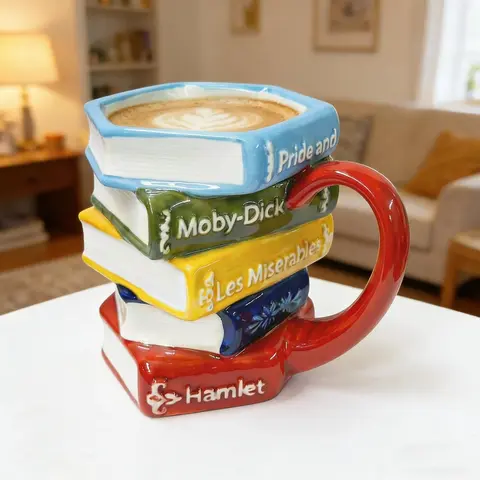 Book Stack Ceramic Coffee Mug, 11oz Book Mug, Artistic Reading Coffee Cup, Unique Literary Friendship Gifts for Women, Friends & Readers Beverage