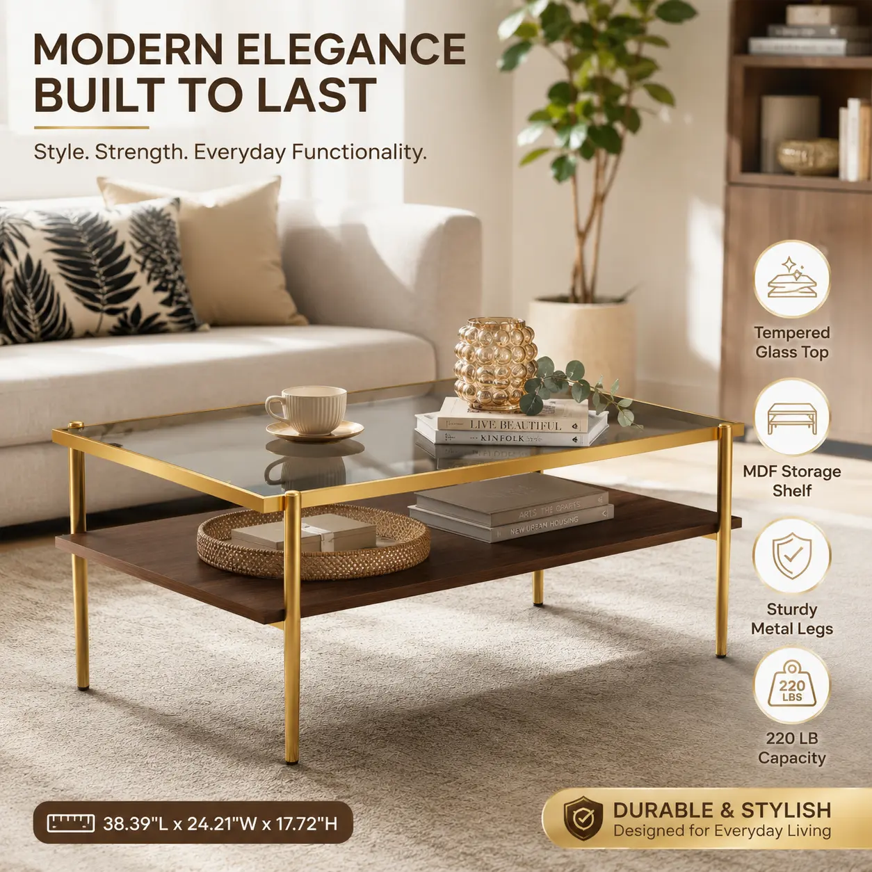 Elon Modern Glass Coffee Table Rectangular Living Room Center Table with Gray Tempered Glass Top and Golden Metal Legs Luxury Accent Tea Table Furniture for Home Apartment Decor High Quality Sleek Stylish Design