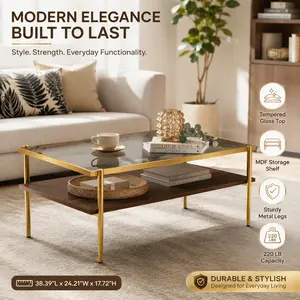 Elon Modern Glass Coffee Table Rectangular Living Room Center Table with Gray Tempered Glass Top and Golden Metal Legs Luxury Accent Tea Table Furniture for Home Apartment Decor High Quality Sleek Stylish Design