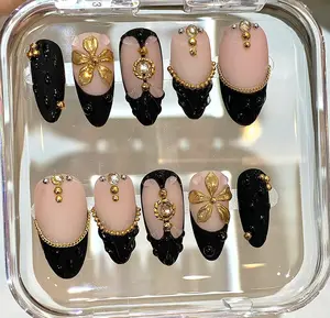 Luxury Black & Gold Press On Nails | Elegant French Tip Nail Set | Handmade Glam Nails