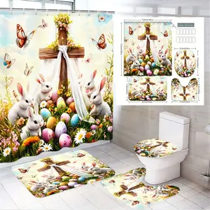 4pcs Easter Themed Floral Cross Shower Curtain Set, The floor mat fabric is thicker and softer!Includes Plush Bunny, Colorful Eggs, Butterfly Motifs, Perfect for Spring Home Decoration