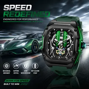 LILUOKE Men's Mechanical Analog Wristwatch - Trendy Large Luminous Quartz Dial, V12 Engine-Inspired Tonneau-Shaped Skeleton Sports Watch with Night Light, Niche Appeal