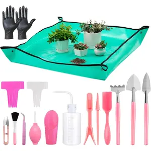 25-piece Mini Garden Hand Transplant Succulent Plant Tool Set, 39.4inch Thickened Transplant Pads and Plant Labels, Miniature Indoor Fairy Care, Potted Plants, Cacti, Indoor Plant Bonsai Tool Set (Pink)
