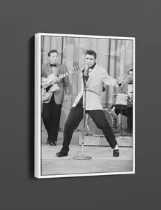 Elvis Presley Performing on Stage Canvas Wall Art , Elvis Black and White 1950s 1960s American Cultural Icons Wall Art, Framed Canvas Wall