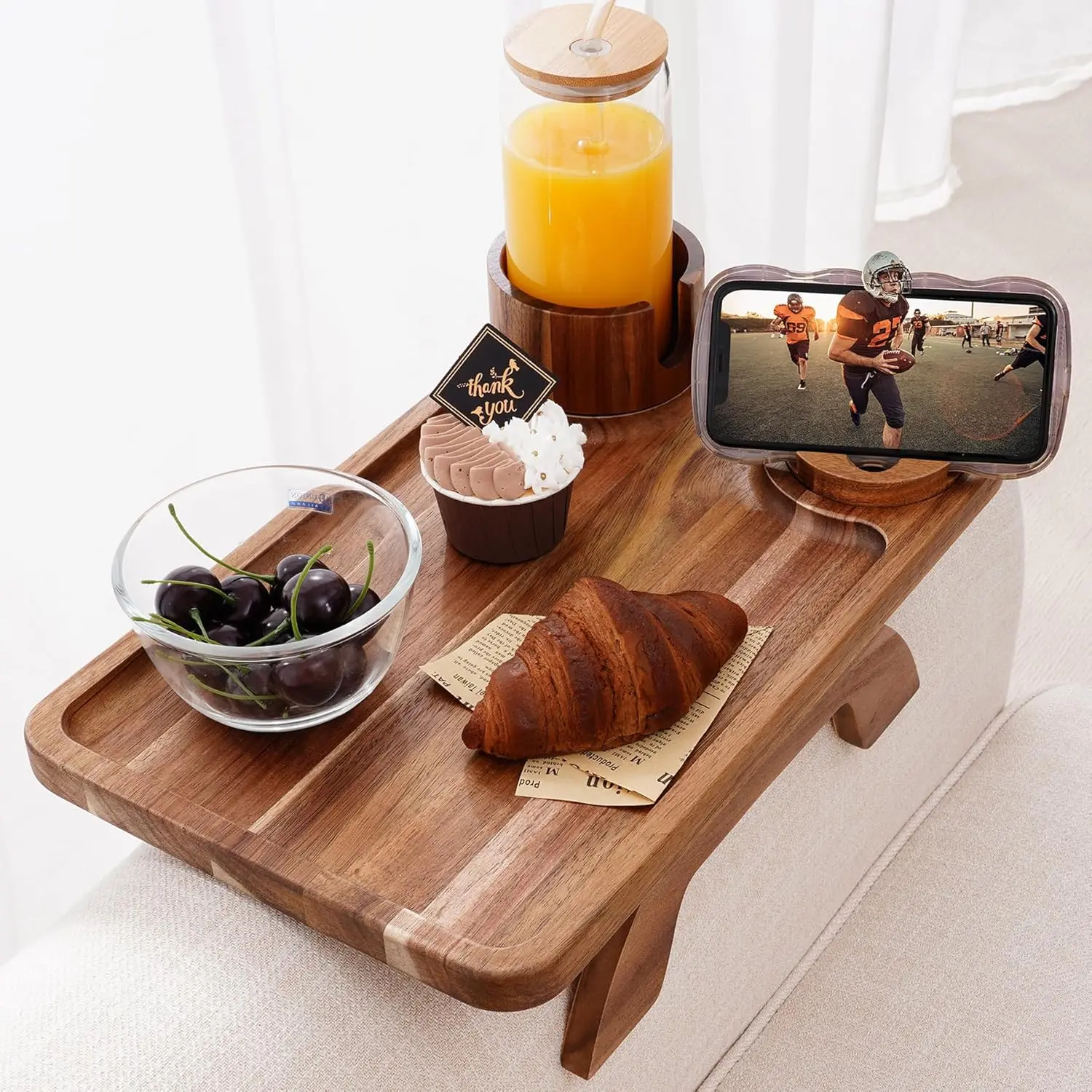 Sweetcrispy Acacia Wood Sofa Armrest Tray - 3-in-1 Clip-On Space Saver Tray, 13.7" Arm Fit, Cup Holder, 360° Rotatable Phone Holder, Anti-Slip Pad, Wooden Work Surface for Living Room Snacking & TV Watching