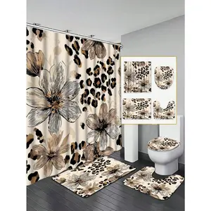 Floral Leopard Shower Curtain - 72*72in, Waterproof, Machine Washable, 12 Hooks, Elegant Home Decor