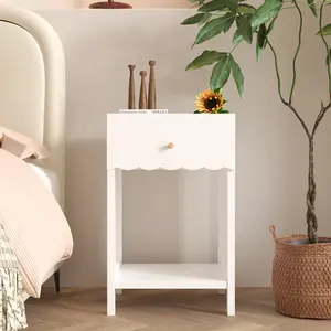 Modern White Nightstand with Drawer and Open Shelf, Scalloped Edge Bedside Table for Bedroom, Cute Minimalist Side Table for Kids Room or Girls' Room