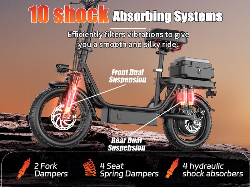 【VoltX】740W Lightweight Double Motor Electric Bike for Adults,20MPH,48V15A Removable Battery,40-45Miles Range,11 shock absorption,Dual-seat design Foldable Double-Suspension  14" Fat Tires 300 Lbs Load for Commuting & All-Terrain Riding，Free accessories